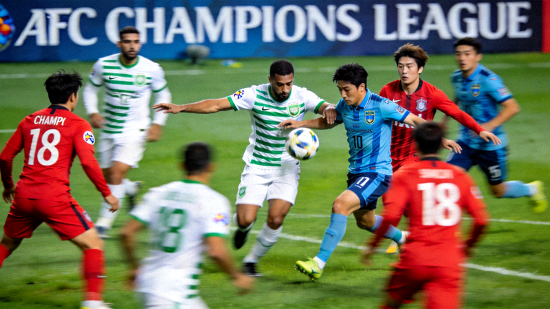 亚冠联赛利雅得新月对阵蔚山现代比赛球员争抢画面